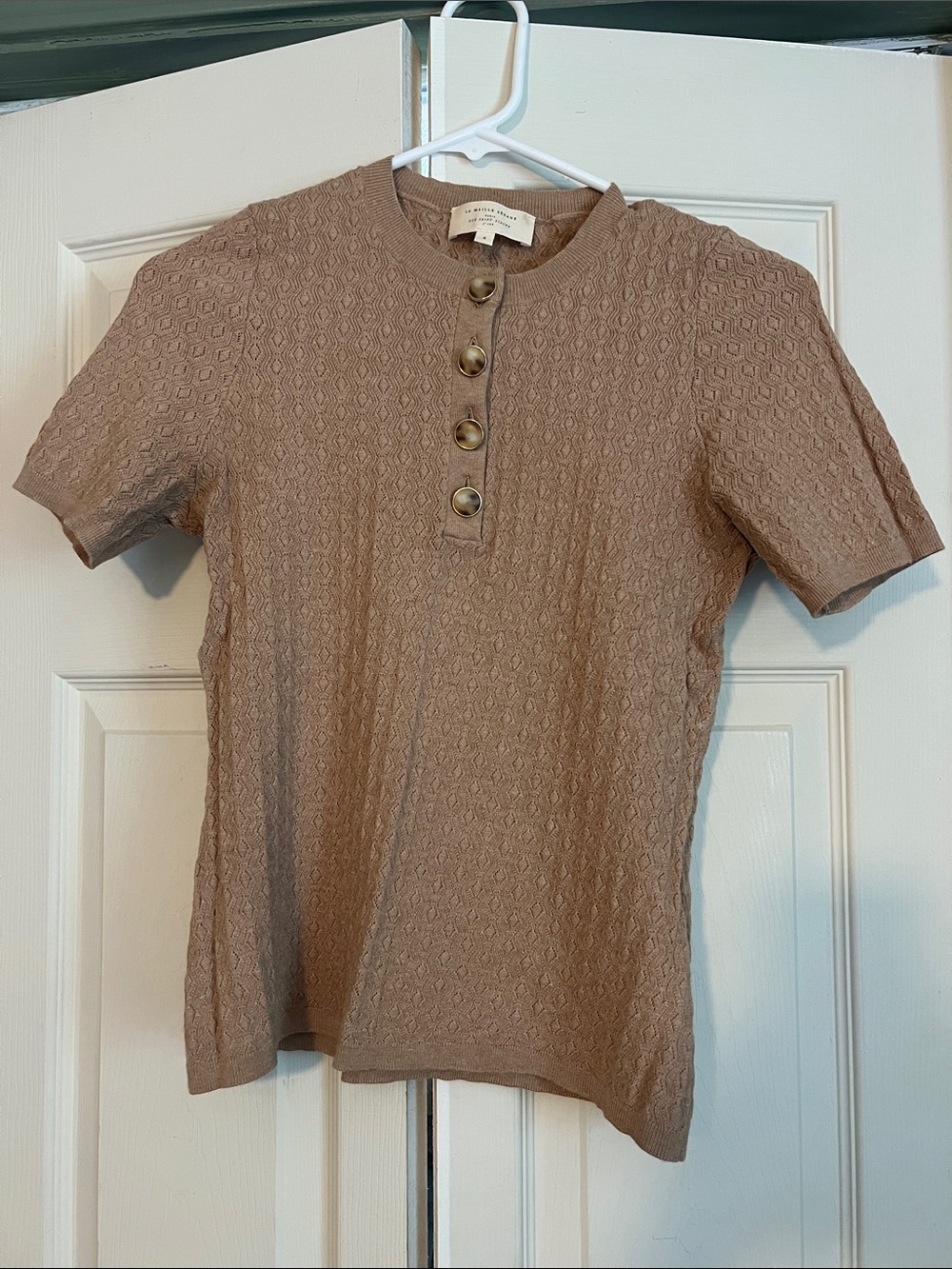 Sezane Taupe Textured Short Sleeve Button Henley